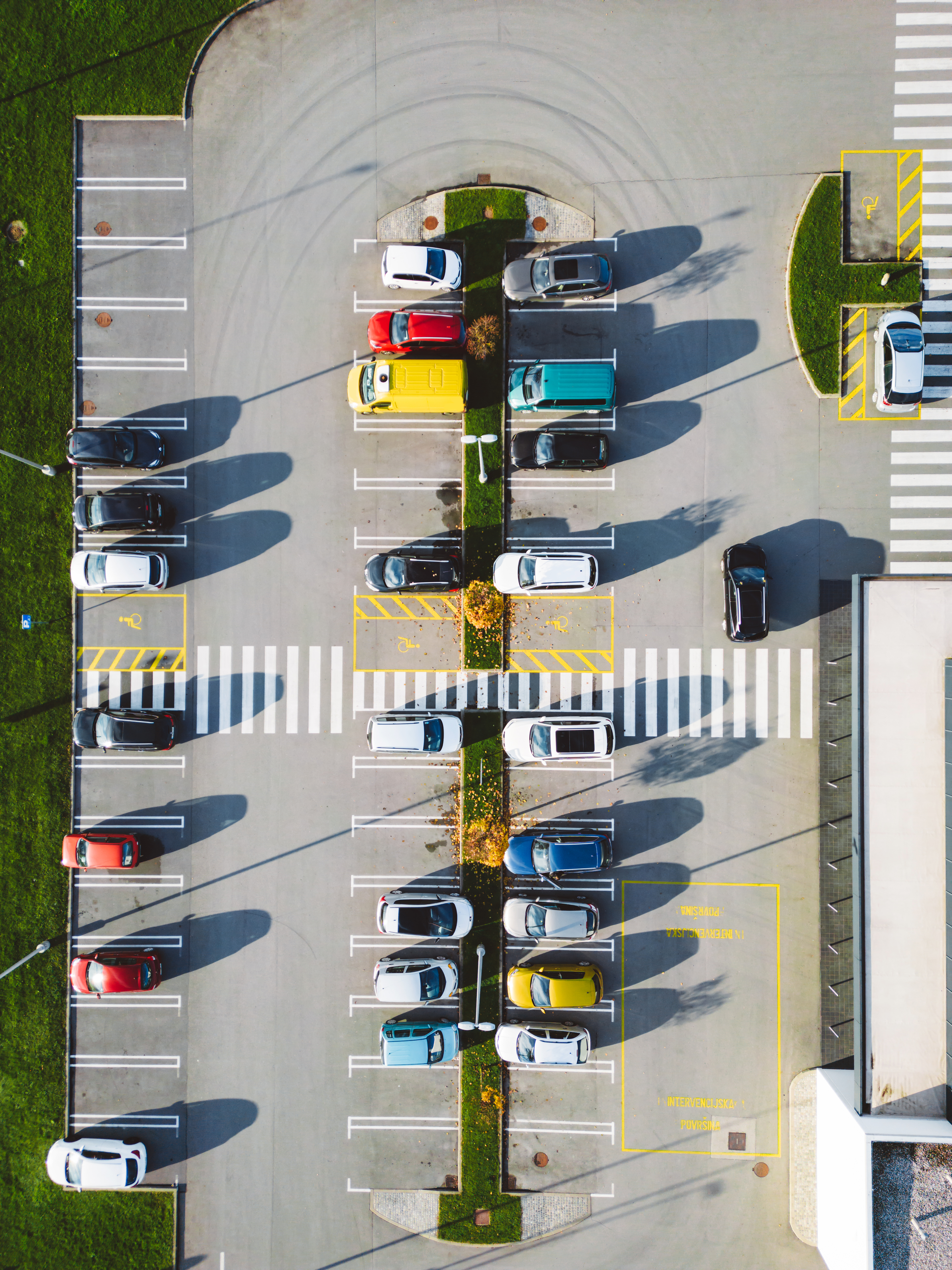 Aerial view of a colorful parking lot